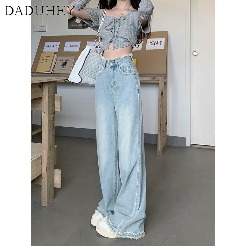 Ảnh Quần jean DADUHEY lưng cao ống rộng viền thô màu xanh dương nhạt size lớn phong cách Hàn Quốc mới dành cho nữ 3