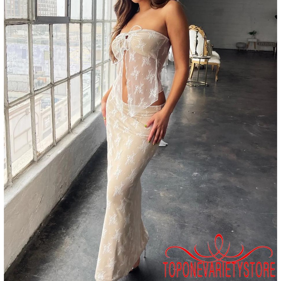 Topone-nữ Gợi Cảm 2 Mảnh Trang Phục Váy Bộ Vai Không Dây Ren Nhìn Xuyên Qua Ống Top Lưới Váy Dài Bộ
