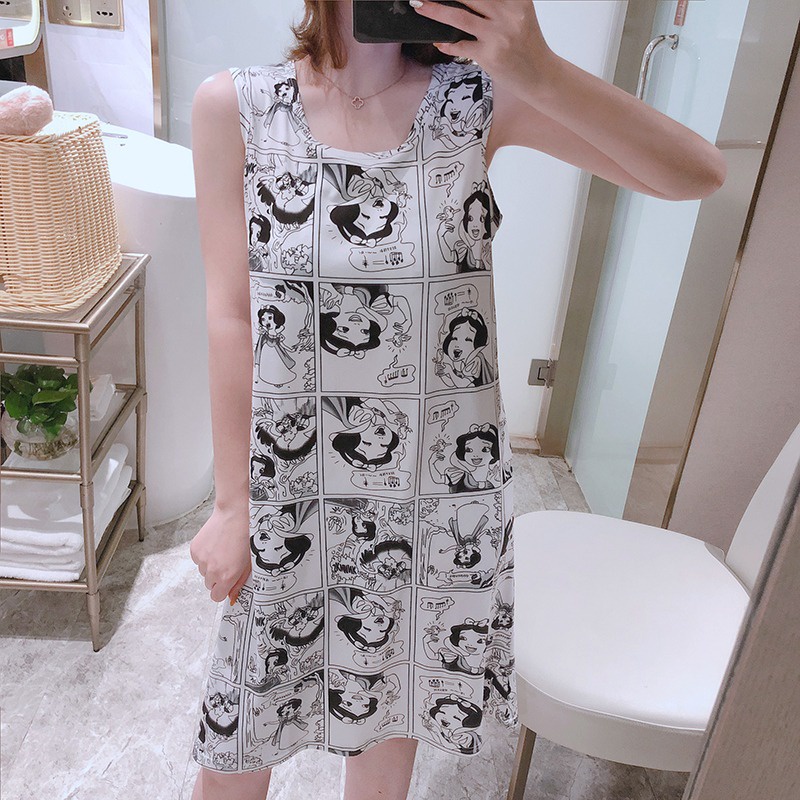 Váy ngủ 2 dây Suông Đầm Ngủ Hai Dây Có Mút Đệm Ngực In Hoạt Hình Dễ Thương Thời Trang Mùa Hè Cho Bạn Gái [luyoo32]