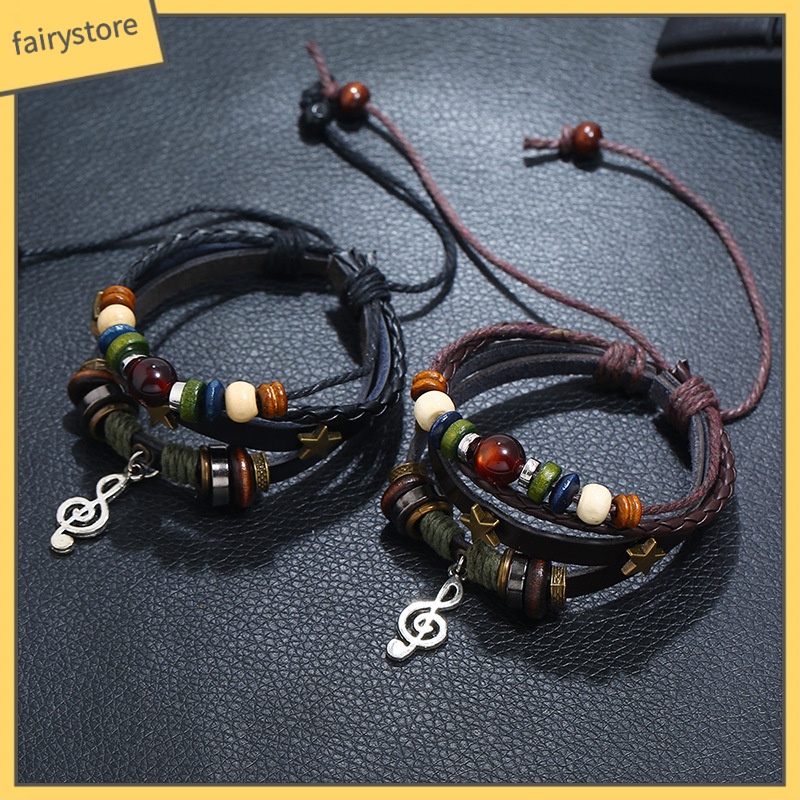 Vòng Tay Da Bò Đính Hạt Hợp Kim Hình Nốt Nhạc Phong Cách retro