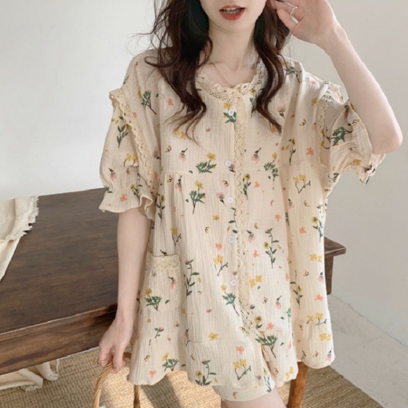 Váy Ngủ	Pyjama Bộ Đồ Ngủ Ngắn Tay Cổ Tròn Họa Tiết Hoa Phong Cách Hàn Quốc Cho Nữ