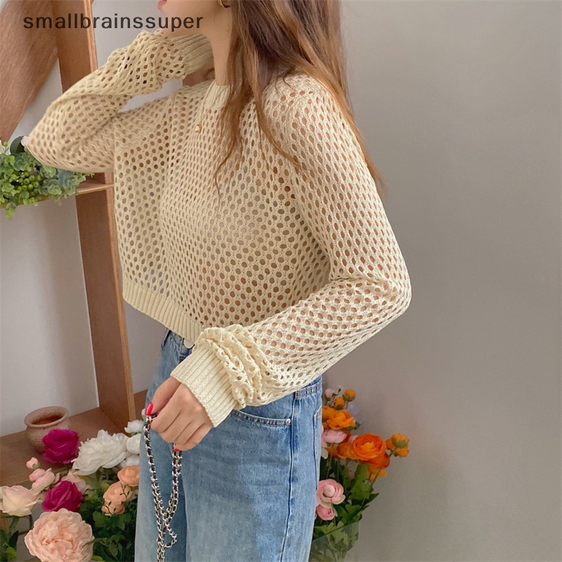 Smallbrainssuper phụ nữ mùa hè màu rắn cổ tròn rỗng ra dài tay áo đơn giản lỏng dệt kim hàng đầu sbs