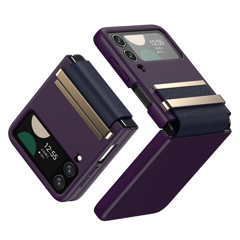 Ốp Điện Thoại Da + PC Cứng + Miếng Dán Bảo Vệ Màn Hình + Dây Đeo Cổ Tay Cho Samsung Galaxy Z Flip 4 Z Flip 3 Z Flip 3
