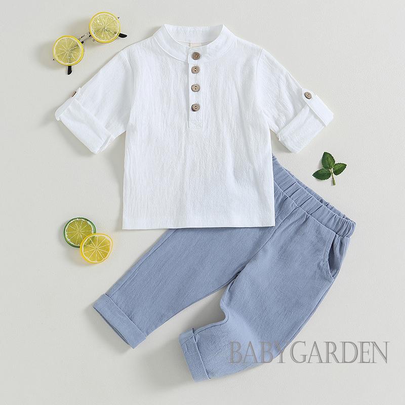 Set Đồ Mùa Hè 2 Món Gồm Áo Sơ Mi Tay Cộc Cài Nút Màu Trơn + Quần Dài Eo Thun Cho Bé Trai 6 Tháng - 4 Tuổi