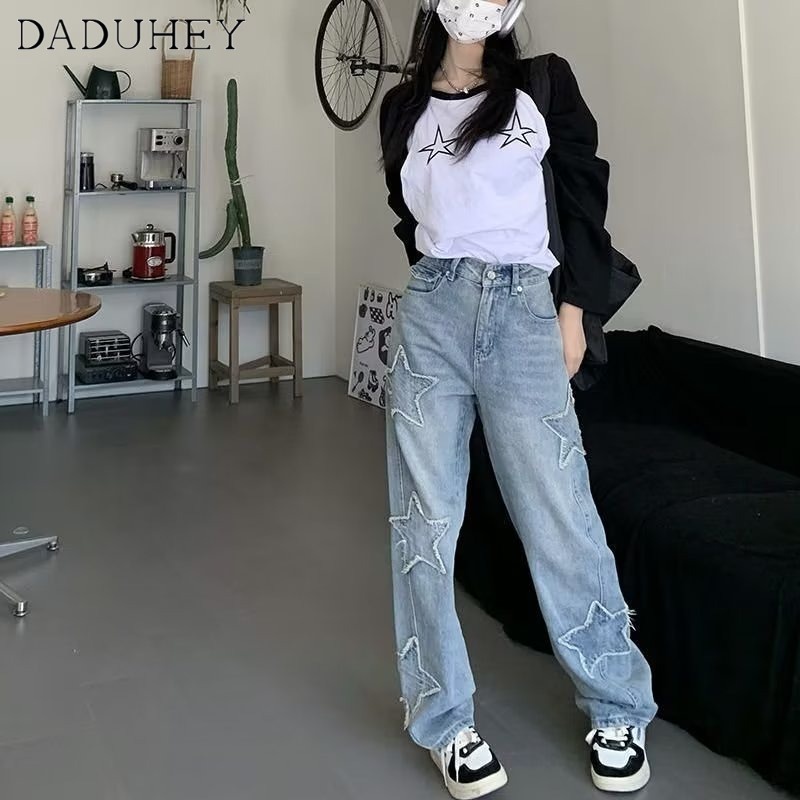 Ảnh Quần jean dài DADUHEY ống rộng thoải mái cạp cao họa tiết ngôi sao hip hop thời trang kiểu Mỹ cho nữ 2