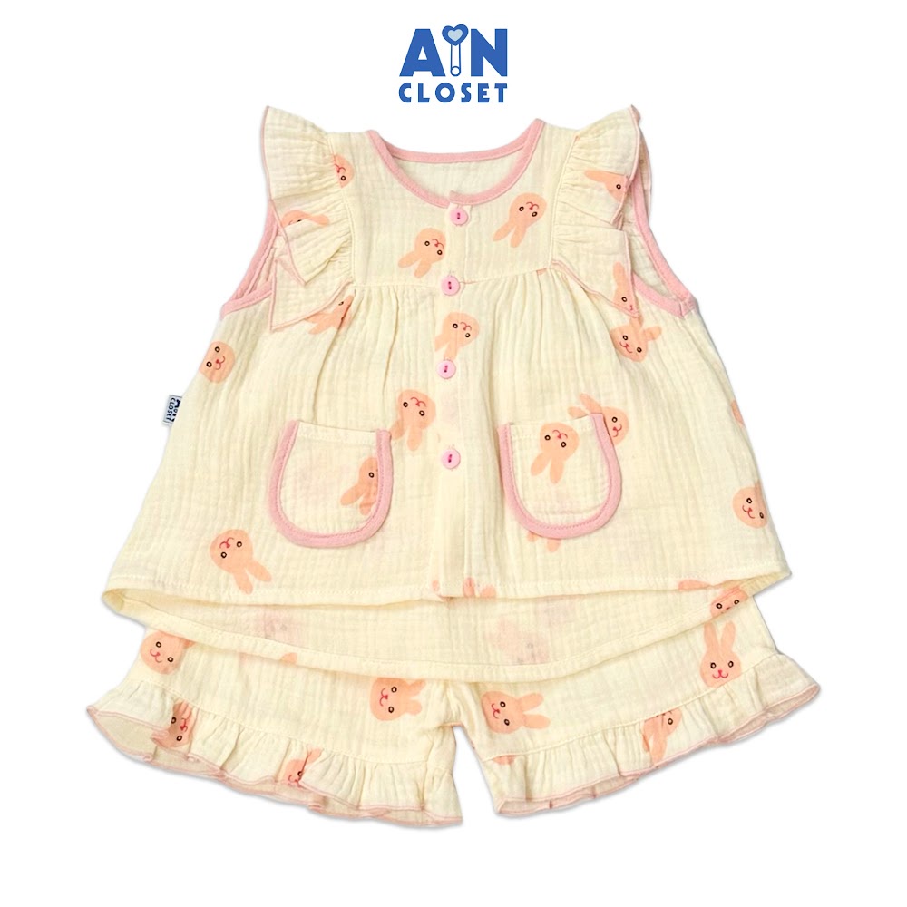 Bộ quần áo ngắn bé gái họa tiết Thỏ Bunny Hồng xô muslin - AICDBGJUDLOT - AIN Closet