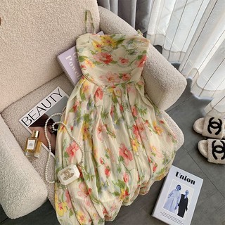Đầm Hai Dây Lưng Thun Dáng Ôm In Họa Tiết Hoa Phong Cách Pháp Thời Trang Mùa Hè Xinh Xắn Cho Nữ