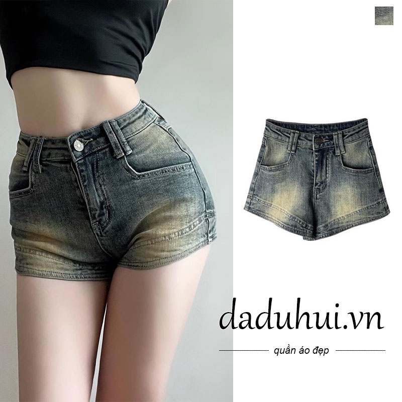 Daduhui New Korean Version of INS Retro Washed Denim Shorts Niche High Waist A- line Pants Buttocks Hot Pants