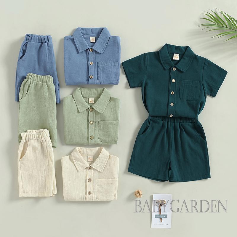 Bộ Áo Sơ Mi Tay Ngắn Màu Trơn Cài Nút + Quần Short Lưng Thun Thời Trang Cho Bé Trai 6 Tháng - 4 Tuổi