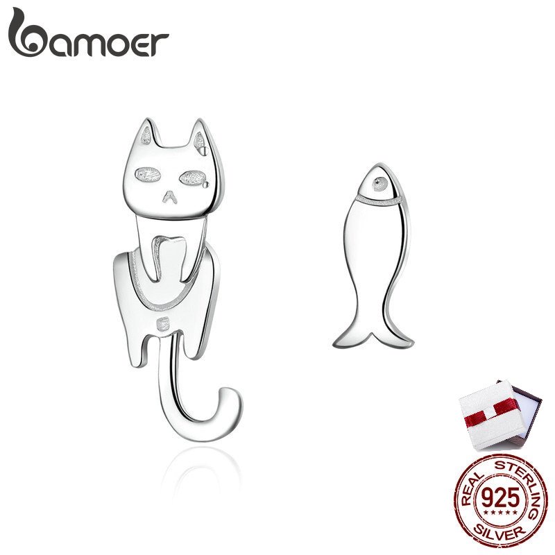 Khuyên tai Bamoer SCE488 bằng bạc 925 hình chú mèo và cá đáng yêu cho nữ
