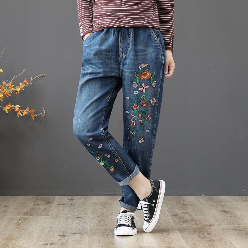 Quần Jeans Lưng Thun Cột Dây Dáng Rộng Cỡ Lớn Thêu Họa Tiết Phong Cách Retro Nghệ Thuật Thời Trang Cao Cấp Cho Nữ