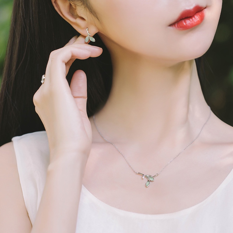 [Yunyuan] Bộ Trang Sức Vòng Cổ Nhẫn / Bông Tai / Nhẫn Mở Hình Lá Xanh Bằng Bạc