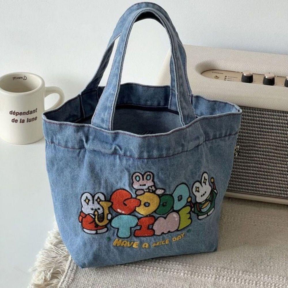 Túi Tote HOBBYIN, Túi đựng đồ ăn trưa Denim giặt, Túi xách thêu hoạt hình dung tích lớn dễ thương ngoài trời