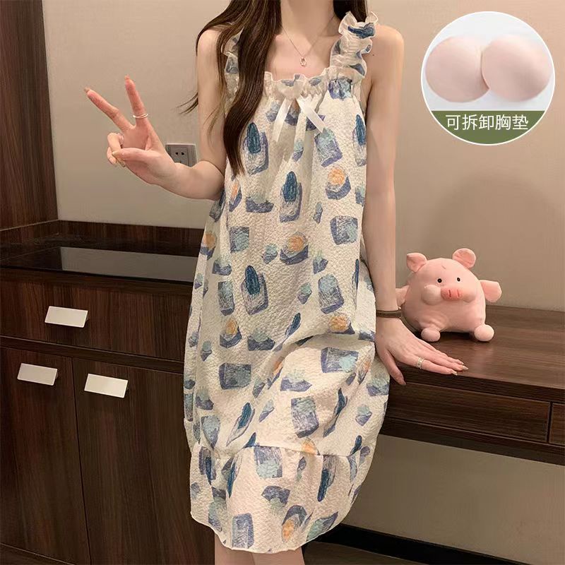 Váy ngủ 2 dây Suông  Đầm Ngủ Sát Nách Vải Cotton Có Mút Đệm Ngực Tháo Rời Được 100kg Thời Trang Mùa Hè Dễ Thương Cho Nữ Lff0626