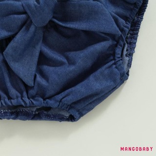 Mgg-baby Girl Trang Phục Mùa Hè Màu Trơn Buộc Dây Cổ Đan Áo Len Romper Quần Short Denim Có Dây Đeo Đầu Bộ Quần Áo 3 Chiếc