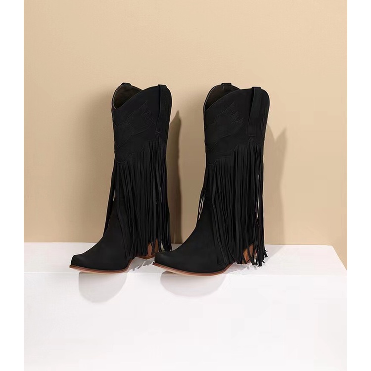 Giày Bốt Cao Bồi Cổ Cao Tới Gối Phối Tua Rua Kiểu Âu Mỹ Thời Trang 2023 Size 34-43 Cho Nữ