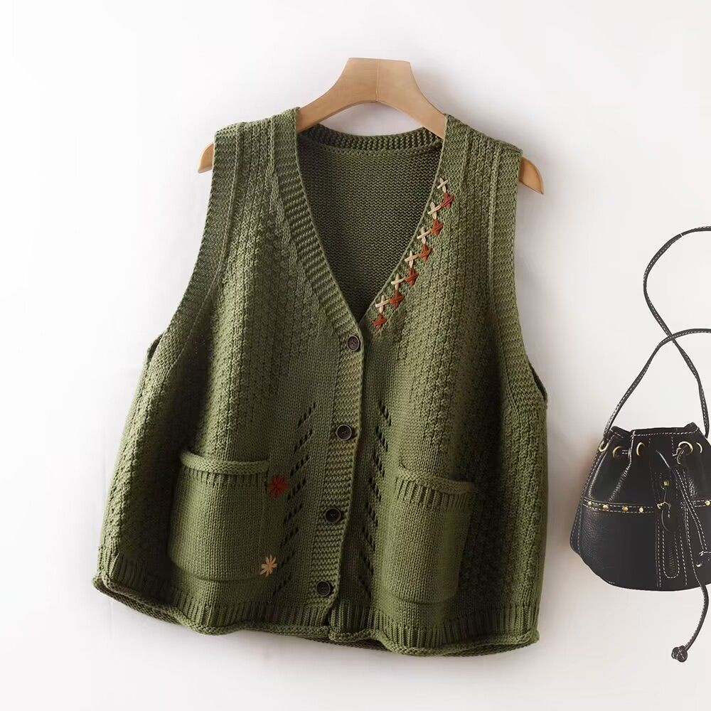 Plus Size Dệt Kim Áo Vest Nữ Mới Vintage Nghệ Thuật Rời Người Yêu Màu Trơn