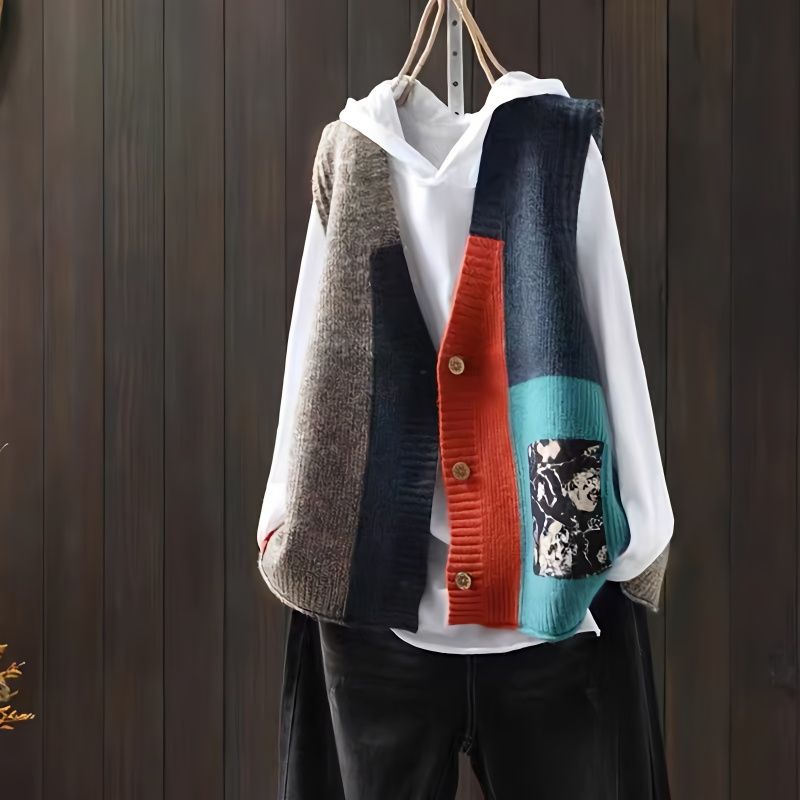 Plus Size Dệt Kim Áo Vest Nữ Cổ Chữ V Không Tay Ve Áo Lớp Phủ Retro