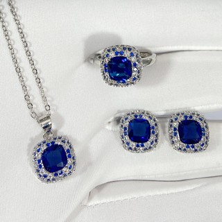 ♥ Thời Trang Sang Trọng Xanh Tanzanite Bộ Trang Sức Nhẫn Vàng Trắng Bông Tai Bé Gái Tính Khí Mặt Dây Chuyền Sapphire Vòng Cổ Bạc Quà Tặng Tinh Tế