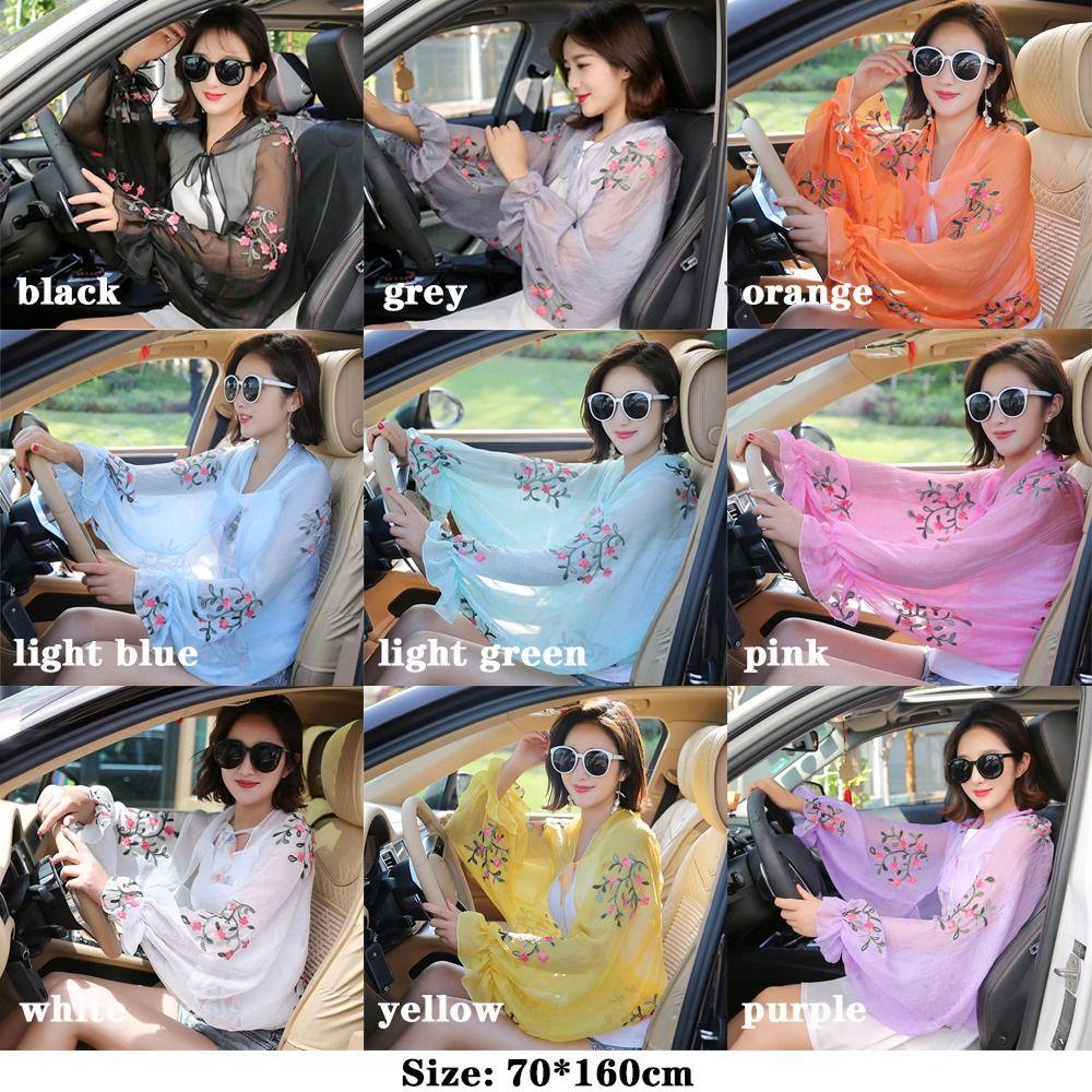 HOBBYIN Chống Nắng Tay Nữ Voan Thêu Hoa Áo Sơ Mi Dài