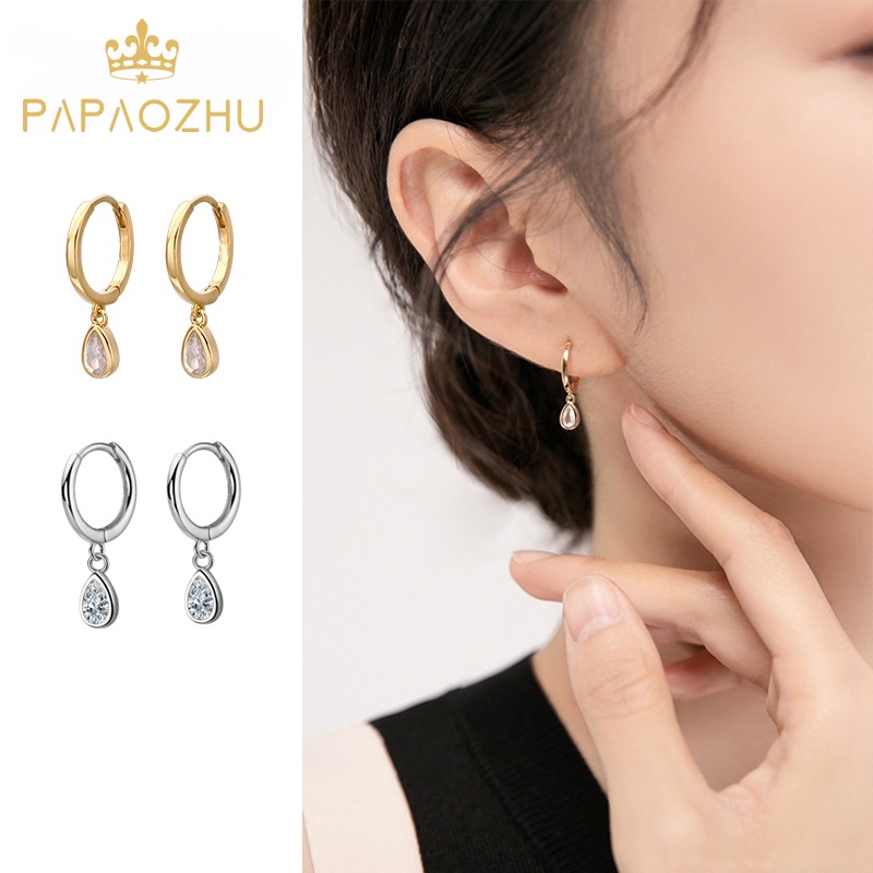 Bông Tai Mạ Vàng 14K Hình Giọt Nước Đính Đá Zircon Sang Trọng