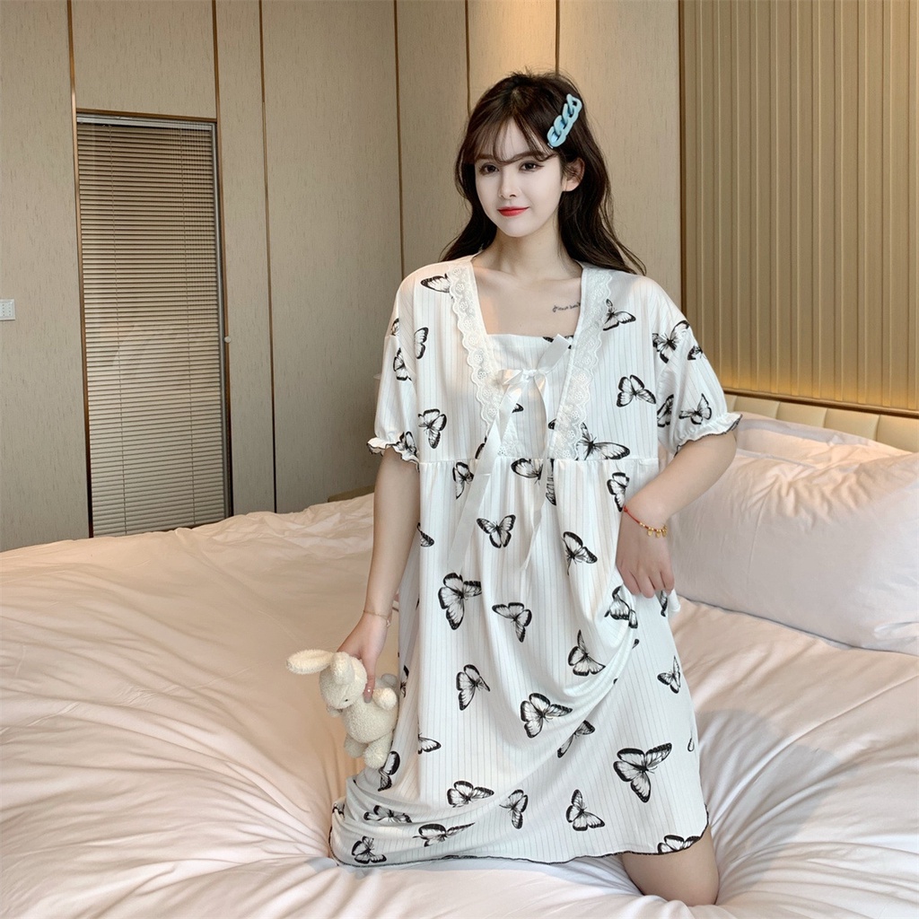 Đầm Ngủ Tay Ngắn Phối Ren Dễ Thương Dành Cho Nữ [lzf0721