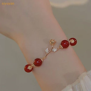 Vòng Tay Chuỗi Hạt Đính Hoa Hồng Màu Đỏ Phong Cách Hàn Quốc Lãng Mạn Cho Nữ
