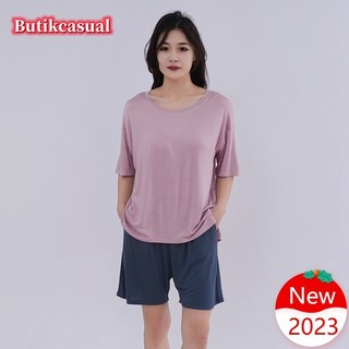 Áo Thun Nữ Quần Short Bộ Đồ Ngủ Bộ Ngực Miếng Lót Áo Sơ Mi Modal Quần Bộ 2025 Mùa Hè Trơn Rời Bộ Đồ Ngủ 2 Chiếc Phù Hợp Với