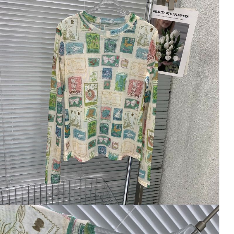 Milyfashion Stamp Print Phiên bản Hàn Quốc gạc T Kem chống nắng dài tay hàng đầu được xếp lớp hợp thời trang