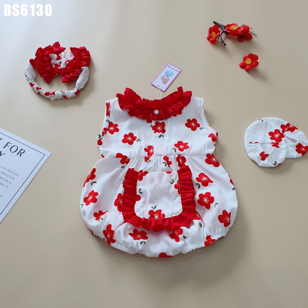 Set body sơ sinh hoa màu đỏ cho bé gái sơ sinh 1 2 tuổi kèm băng đô MINTSCLOSET Mints Closet họa tiết hoa mai - BS6130