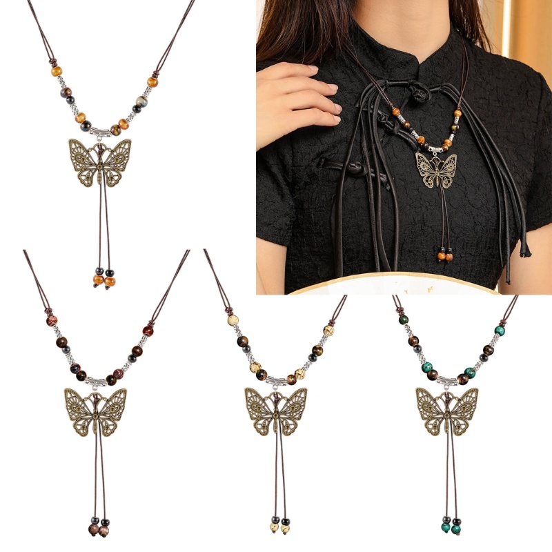 Vòng cổ Hạt Sứ Mặt Hình Bướm Vintage Cho Cặp Đôi