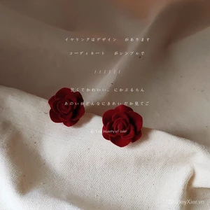 Vintage~Bông Tai Mạ Bạc 925 Hoa Hồng Pháp cổ điển Rượu đỏ tao nhã khí chất Phụ kiện nữ thanh lịch