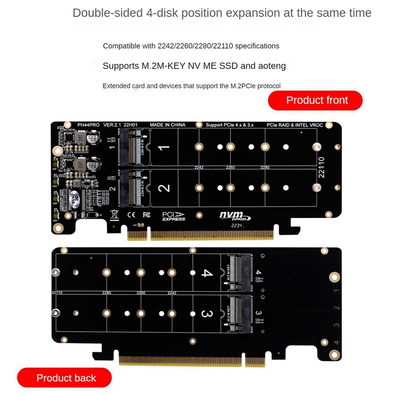 Double-sided 4-disk nvme raid card pciex16 to m.2 m-key nvmex4ssd 2u server raid array expansion adapter card split