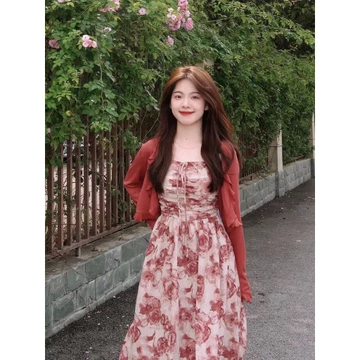 【Bess's house】（Chất lượng cao）bộ quần áo nữ mùa hè,váy hoa,váy dài,váy bigsize nữ,Set Đầm Dài Và Áo Khoác Cardigan Chống Nắng Viền Nấm Cổ Điển Ngọt Ngào Và Spicy Hoa Hồng Có Dây Treo Ch