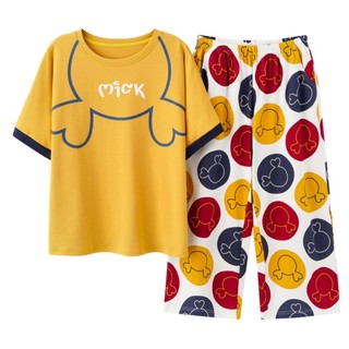 M-5XL Plus Size Nữ Tay Ngắn Crop Quần Cổ Tròn In Hình Hoạt Hình Pyjama 2 Bộ