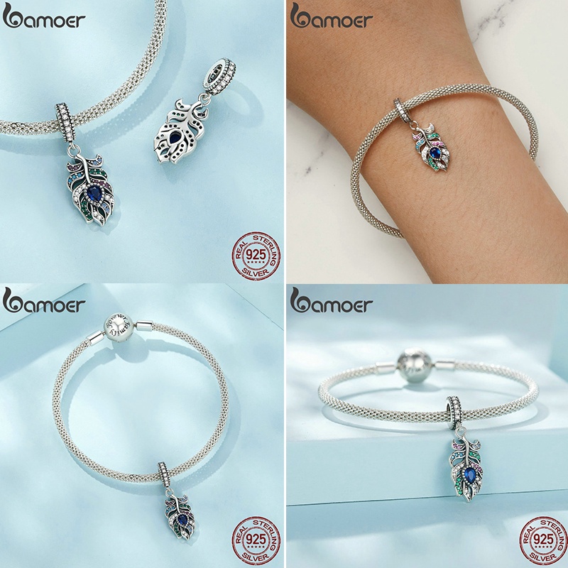 Hạt bạc 925 BAMOER hình lông vũ / chim công / hoa hồng / gấu thời trang cho nữ