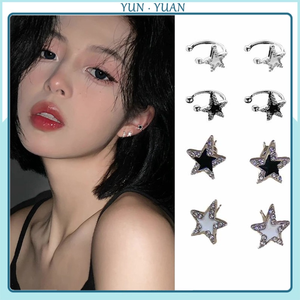 [Yunyuan] Khuyên Tai Dạng Kẹp Hình Ngôi Sao Mạ Bạc Đính Đá Sáng Bóng Đơn Giản Phong Cách Retro Nhật Hàn Ins Cho Nữ YK2
