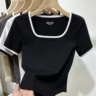 Áo Thun Nữ Ngắn Tay Cổ Chữ U Sọc Ngang Thời Trang Hàn