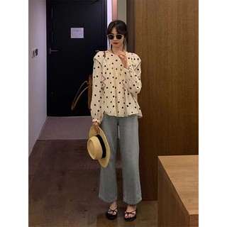 Áo Sơ Mi Nữ Cổ Tròn Dài Tay Dáng Rộng Họa Tiết Chấm Bi Thời Trang Hàn Quốc