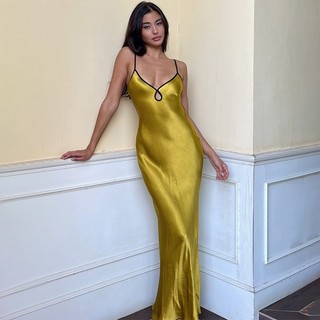 Đầm dạ hội dài mùa hè dành cho nữ Váy buộc cổ chữ V sâu không tay màu trơn
