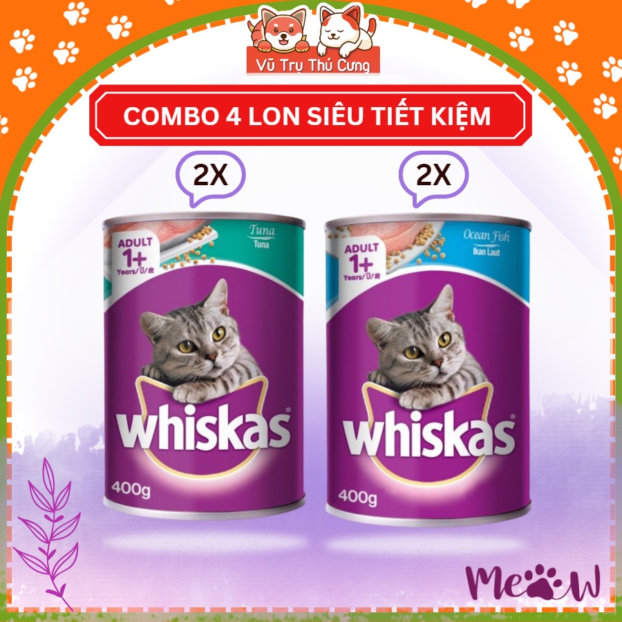 Combo 4 lon Pate Whiskas 400g cho Mèo (Mix 3 vị)