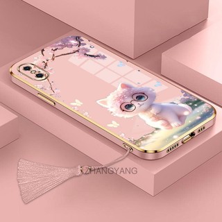Ốp Điện Thoại TPU Silicon Mềm Mạ Viền Hình Mèo Kèm Dây Đeo Tua Rua Cho iPhone x xs xr xs max