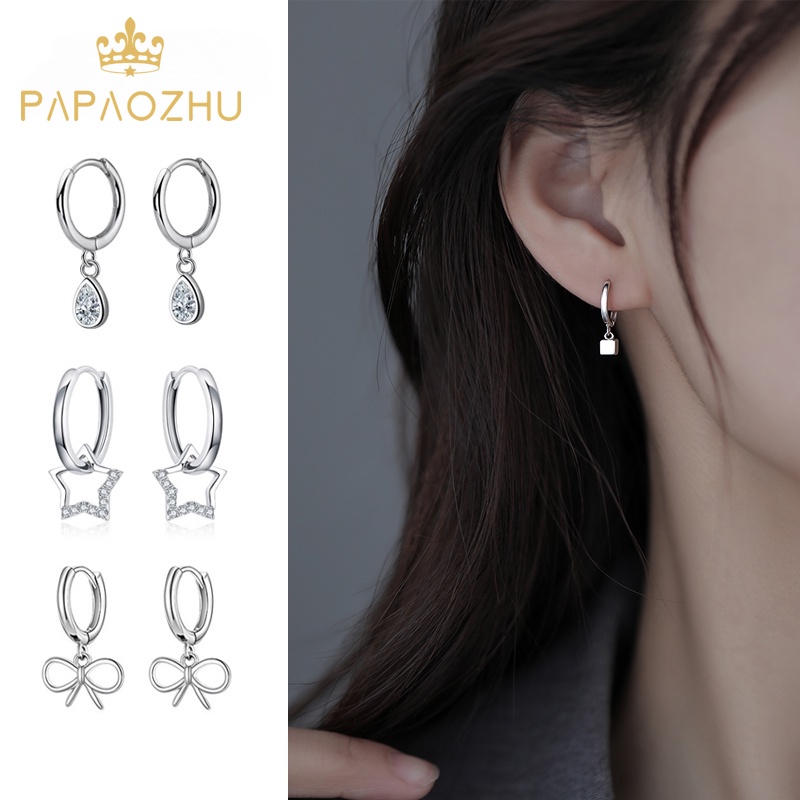 PAPAOZHU Đôi Khuyên Tai Bạc S925 Hình Khối Lập Phương Đính Đá Zircon Thời Trang Cho Nữ