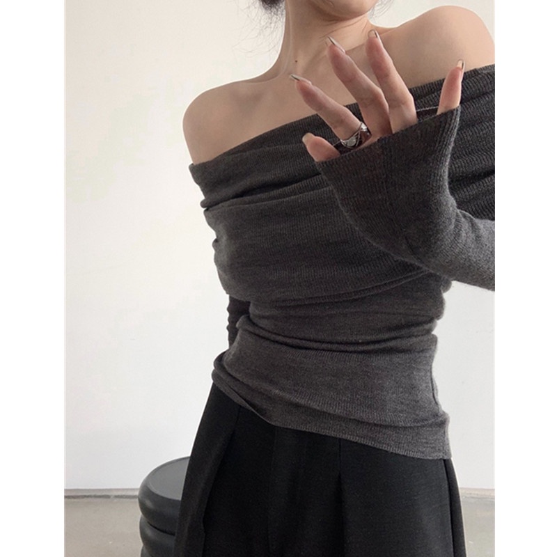 Suxi Mùa Xuân Mới Màu Trơn Một Dây Đeo Vai Dệt Kim Nữ Slim Fit Áo Len Dài Tay