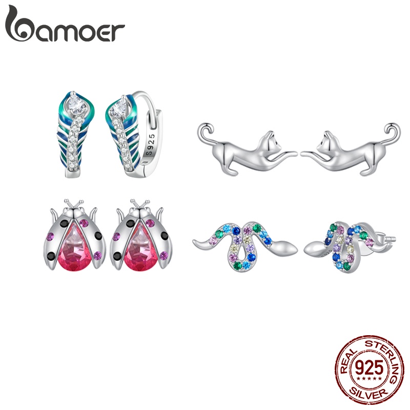 Bamoer Bông Tai bạc 925 Hình Mèo / Rắn / Bọ Rùa Thời Trang