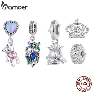 Hạt bạc 925 BAMOER hình lông vũ / chim công / hoa hồng / gấu thời trang cho nữ