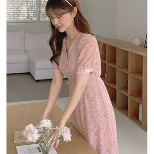 Suxi Tay Ngắn Mùa Hè Vintage Phong Cách Hàn Quốc Cổ Chữ V Hoa Ôm Vừa Vặn Đầm Voan