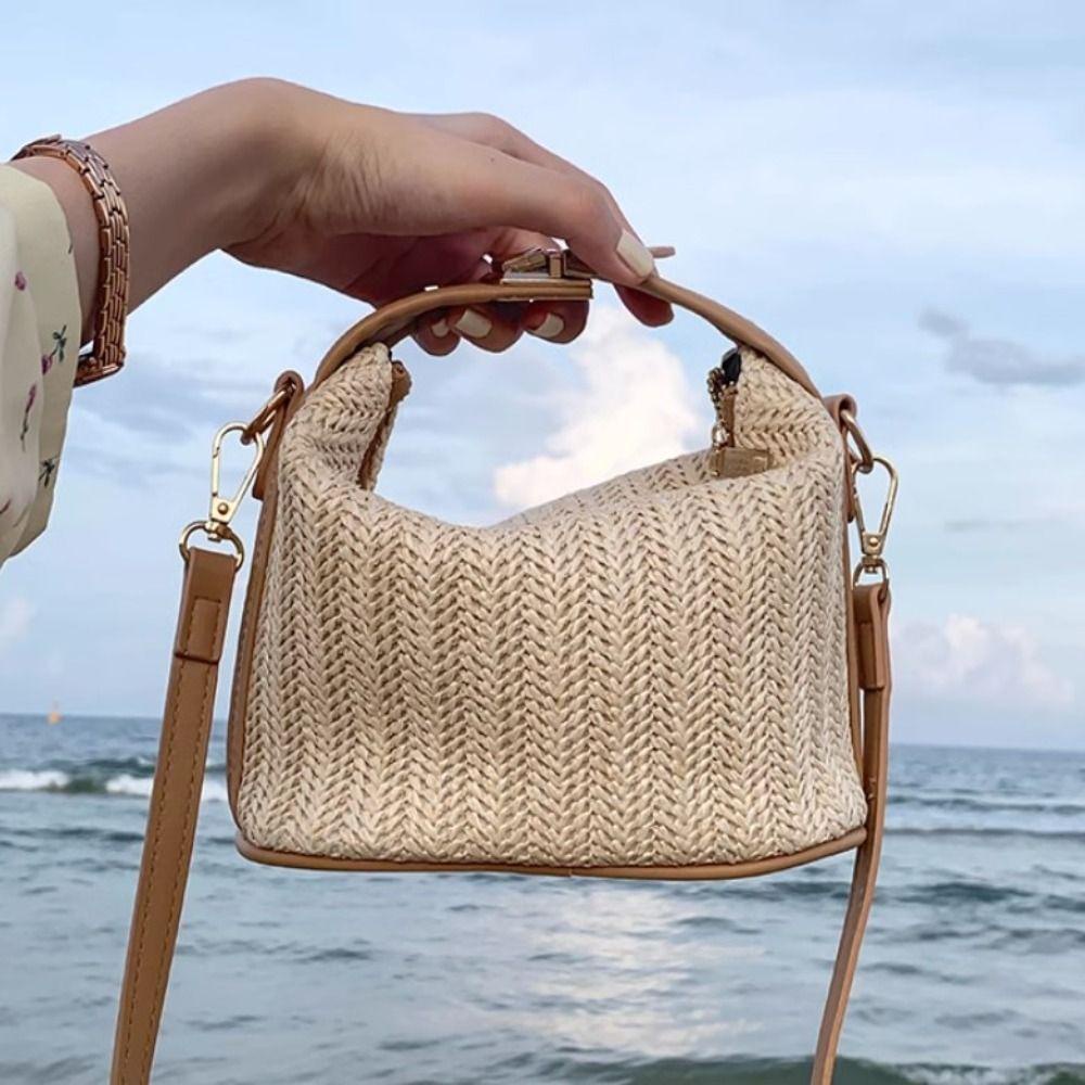 Ví dệt HOBBYIN, Túi cói nhỏ phong cách Bohemian, Dây đeo vai đan ống hút thời trang Túi đi biển nữ