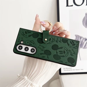 Dành Cho Samsung Galaxy Z Fold 7 6 5 4 3 2 Da PU Cổ Điển Hình Chuột Mickey Đơn Giản Chống Sốc Ốp lưng Cho Z Fold7 Có Dây Buộc Vòng Ngón Tay Gấp Ốp lưng