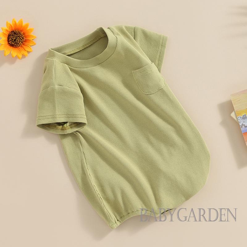 Áo Liền Quần Ngắn Tay Cổ Tròn Màu Trơn Có Túi Trước Ngực Cho Bé 0-24 Tháng Tuổi